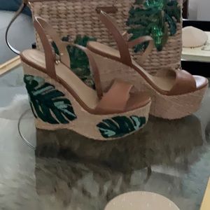 Michael Kors Tan Wedge Sandals with Leaf Design
